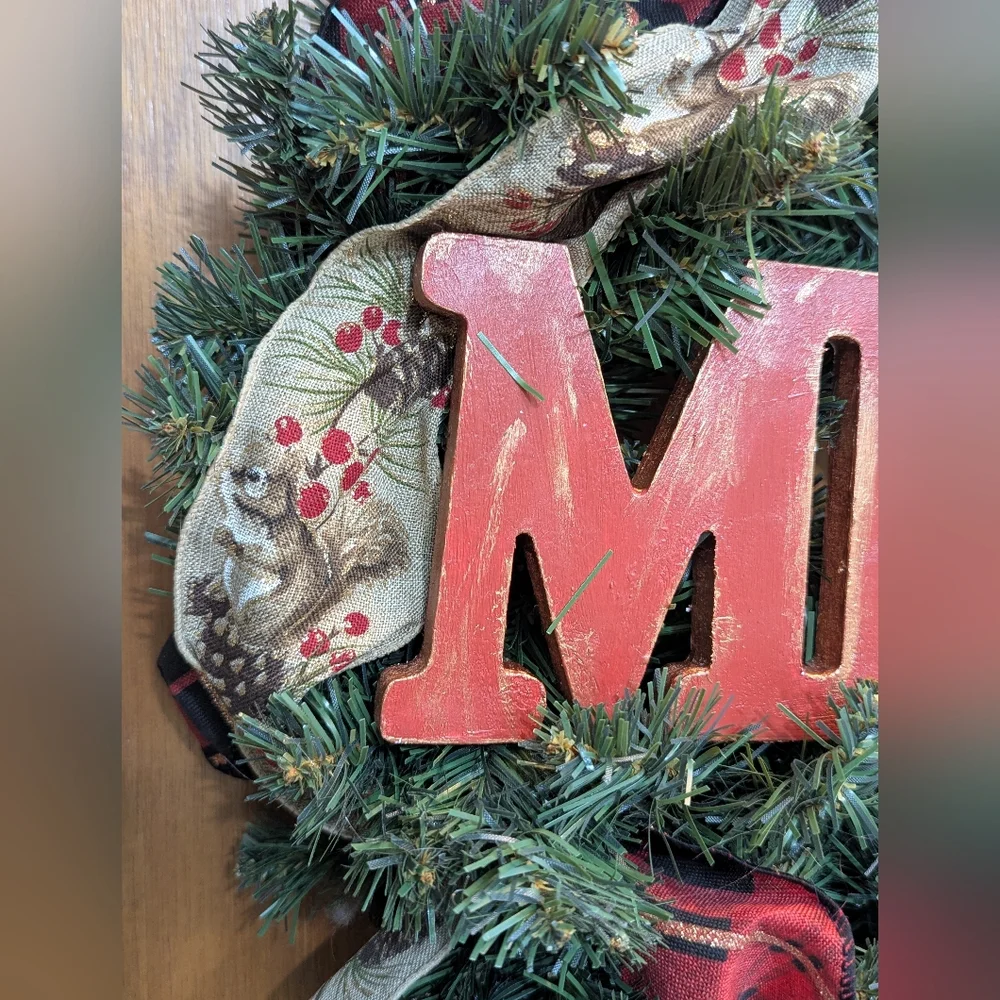 Rustic Holiday Wreath with 'Merry' Sign And Deer Outline, Squiral Ribbon